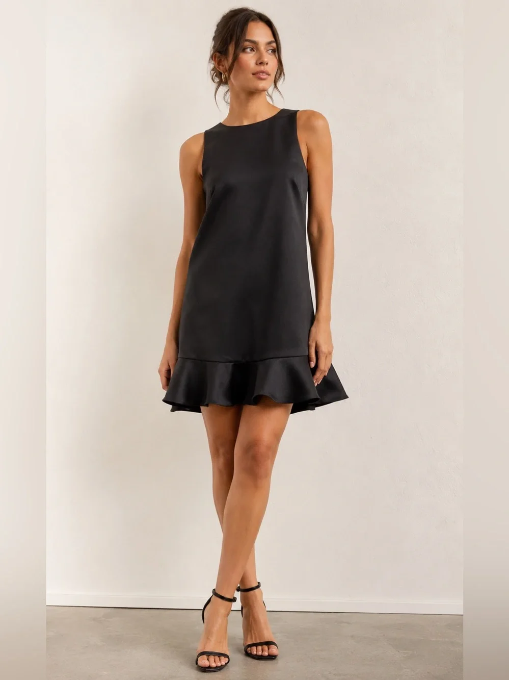 Camilyn Beth Sasha Black Satin Ruffle Flounce Hem Mini Dress Size 6 - Picture 3 of 9